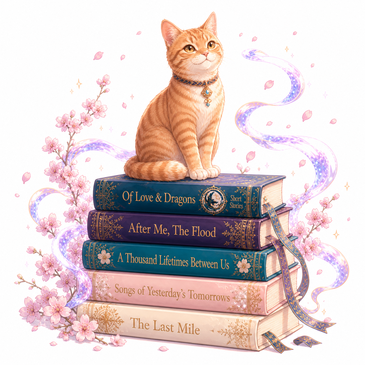 A ginger cat sitting on a stack of Samara's books, with cherry blossoms